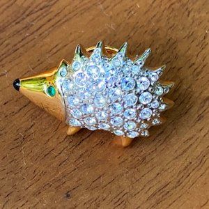VINTAGE Hedgehog Lapel Pin w/ Crystals, Gold Toned Metal, Green Eye, Approx. 1"